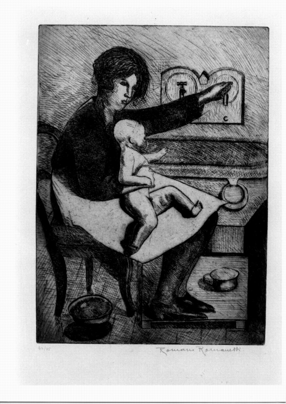 figura femminile seduta con bambino in grembo all'interno di stanza da bagno (stampa) di Romanelli Romano (sec. XX)