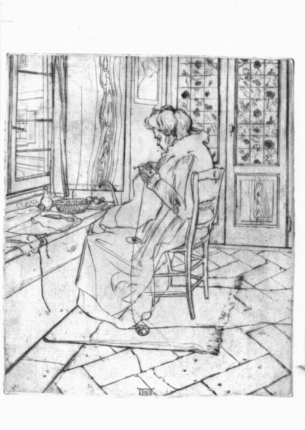 la madre che cuce, interno con figura femminile seduta davanti alla finestra (stampa) di Boccioni Umberto (sec. XX)