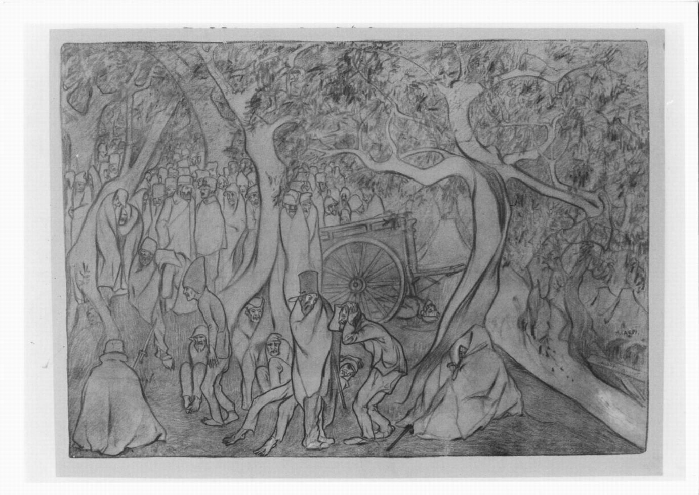 folla di soldati e prigionieri sotto alberi (stampa) di Carpi De Resmini Aldo (sec. XX)