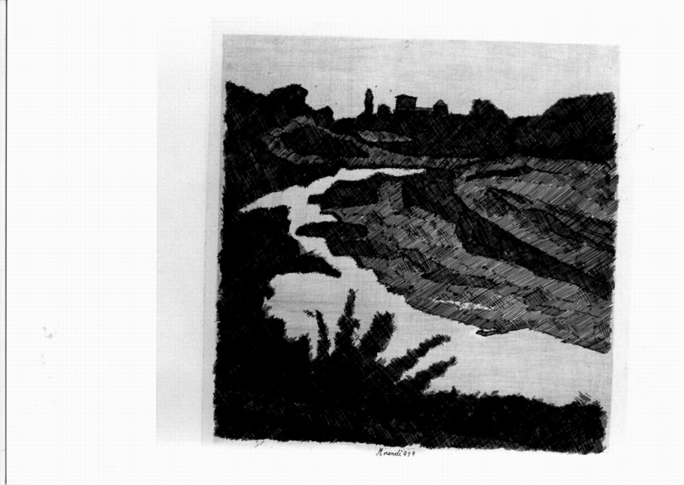 paesaggio sul Savena, paesaggio con fiume (stampa) di Morandi Giorgio (sec. XX)