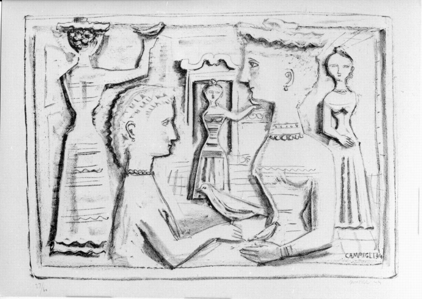 donne con uccelli (stampa) di Campigli Massimo (sec. XX)