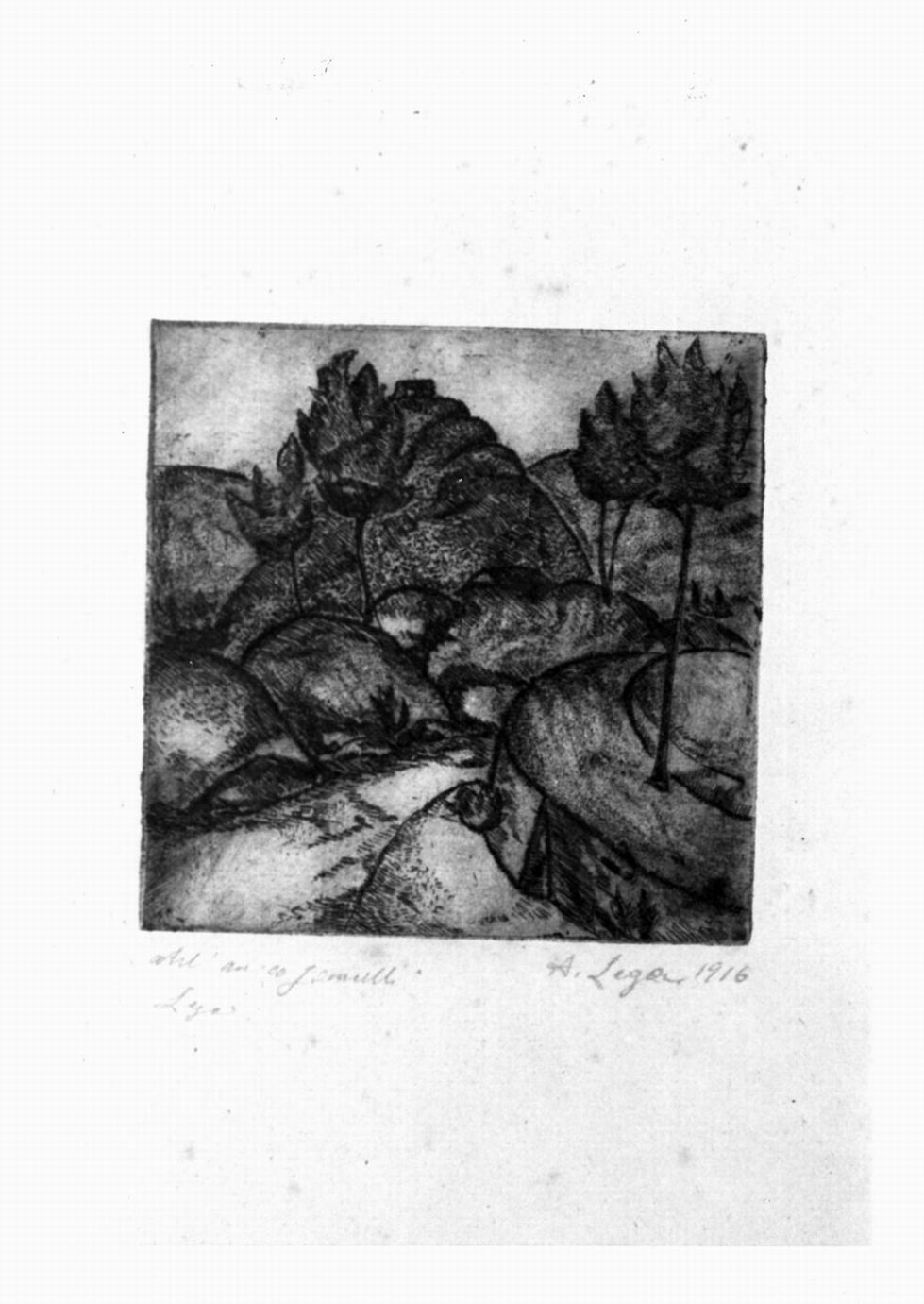 paesaggio montano con alberi (stampa) di Lega Achille (sec. XX)