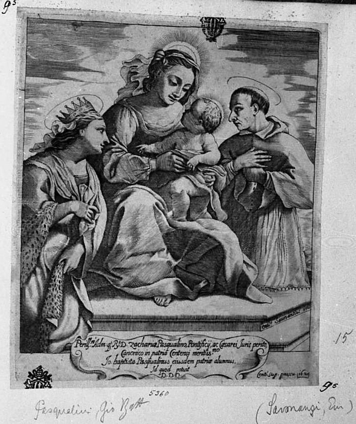 Madonna col Bambino e i SS. Caterina e Borromeo, Madonna con Bambino (stampa tagliata) di Pasqualini Giovan Battista (secc. XVI/ XVII)