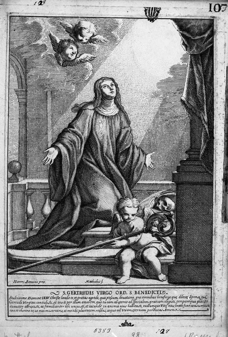 San Gertrude orante, Santi (stampa tagliata) di Mattioli Lodovico (secc. XVII/ XVIII)