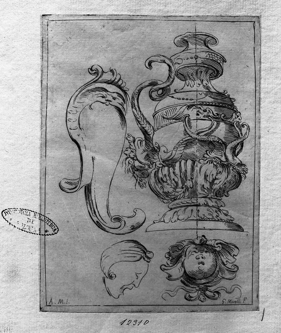Un vaso, una grottesca, profilo on bocca aperta, ornato, vaso (stampa tagliata) di Mitelli Giuseppe Maria (secc. XVII/ XVIII)
