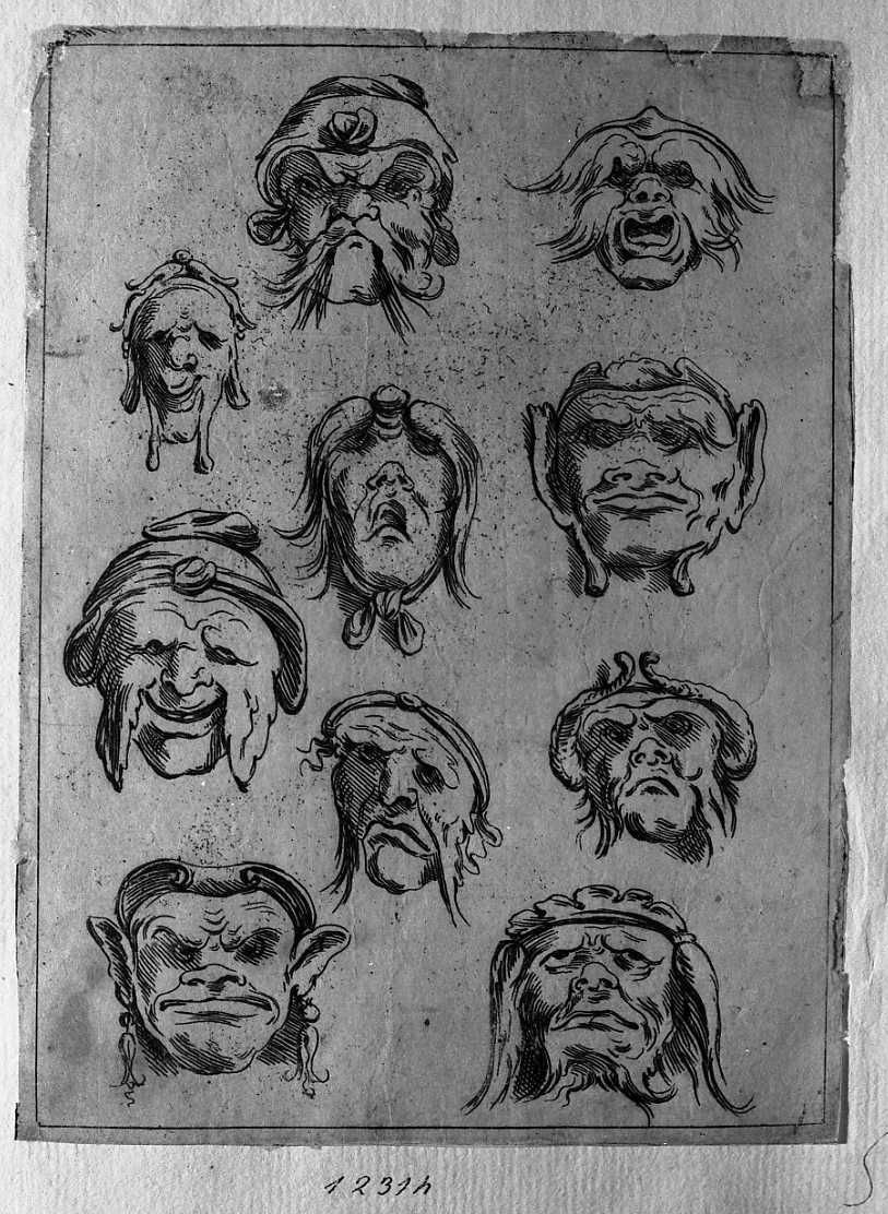 Diece facce grottesche, figura grottesca (stampa tagliata) di Mitelli Giuseppe Maria (attribuito) (secc. XVII/ XVIII)