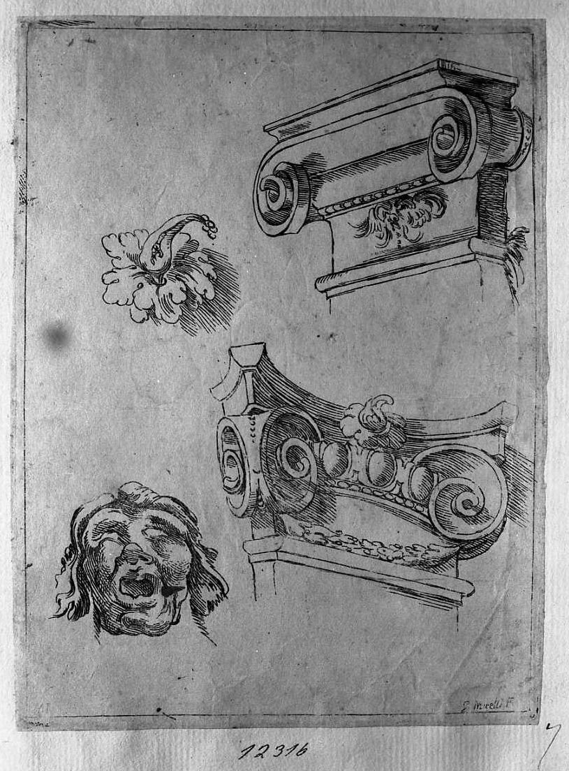 Due capitelli, fiore grottesca, architettura (stampa tagliata) di Mitelli Giuseppe Maria (secc. XVII/ XVIII)