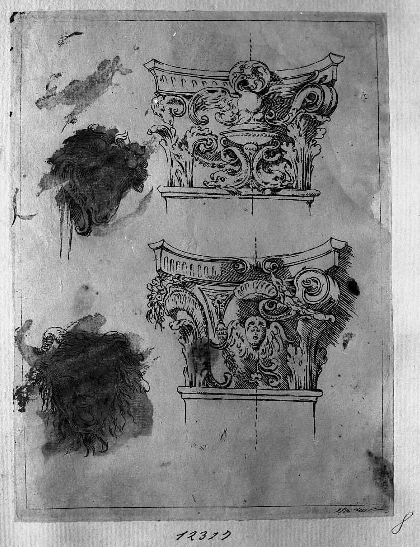 Due capitelli, testa di montone, grottesca, architettura (stampa tagliata) di Mitelli Giuseppe Maria (attribuito) (secc. XVII/ XVIII)