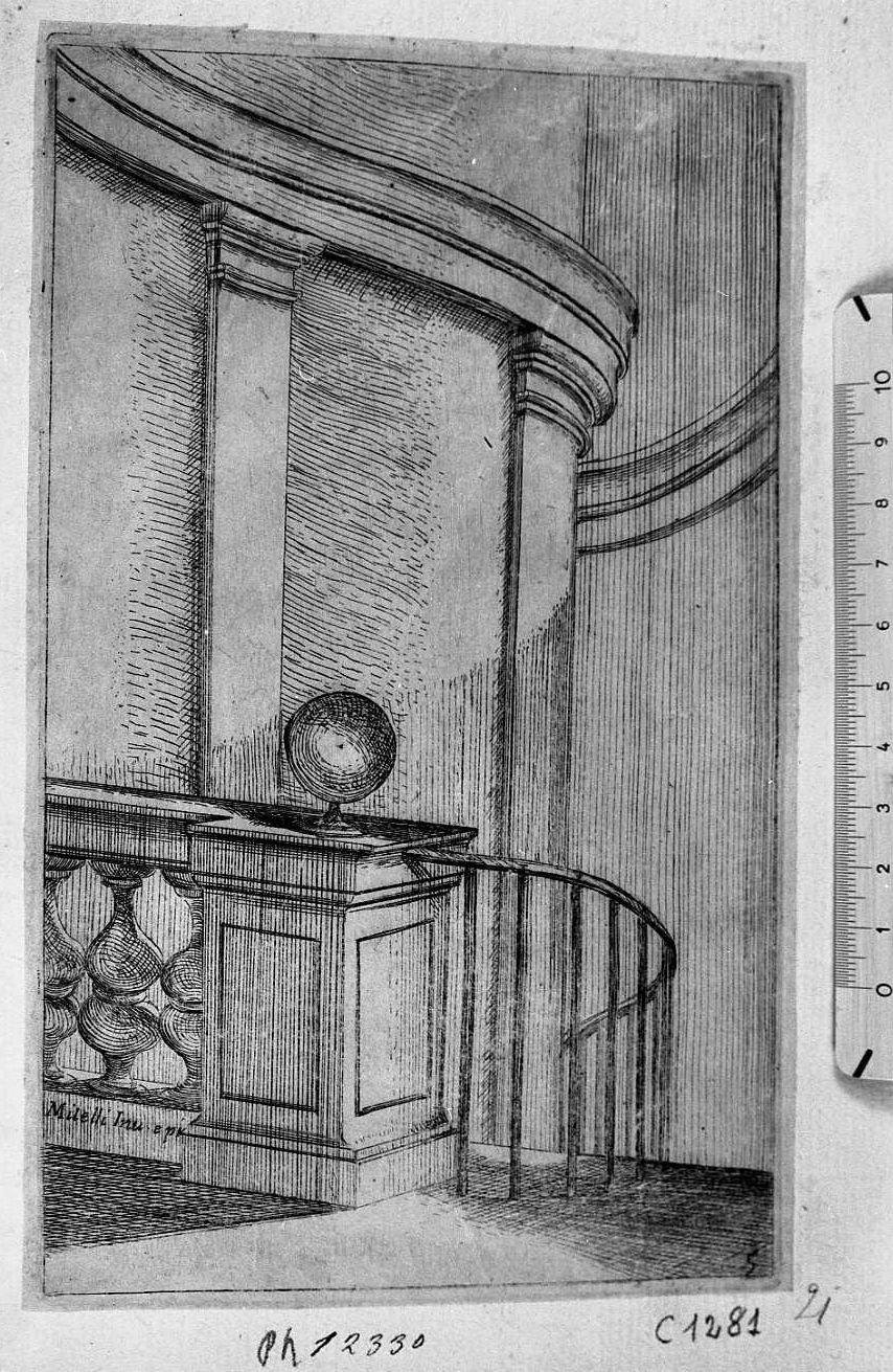 Libro di prospettive: 5. Pianerottolo con balaustra, libro (stampa tagliata) di Chiarini Marcantonio (secc. XVII/ XVIII)