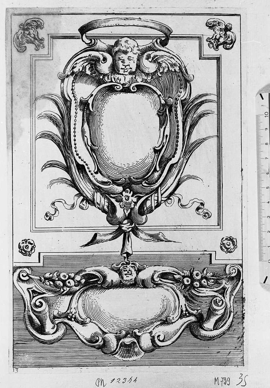 Ornato per cornice ovale per stemma, cornice architettonica con motivi decorativi e figure (stampa tagliata) di Mitelli Agostino (sec. XVII)