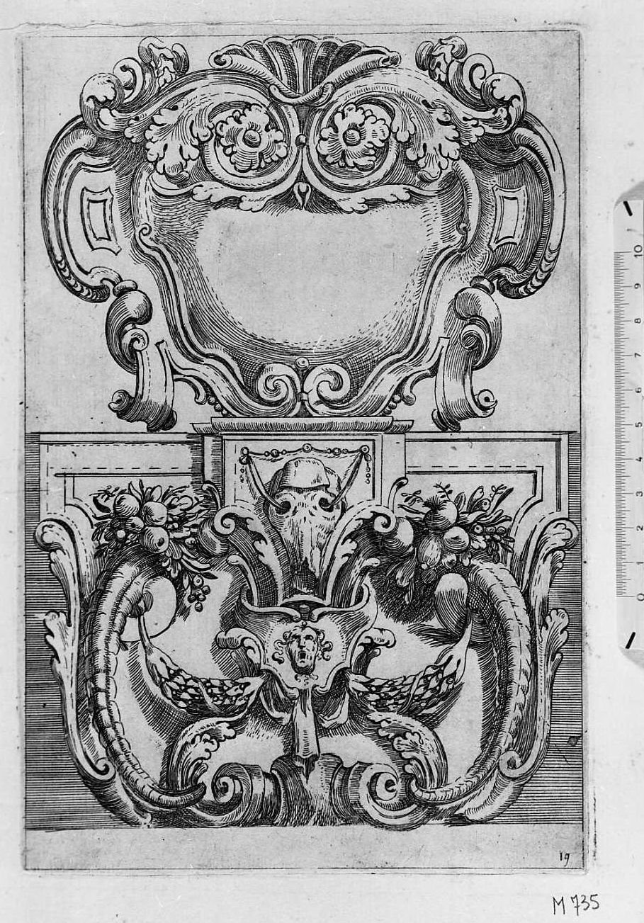 Ornato per cornice con fregio sotto, cornice architettonica con motivi decorativi e figure (stampa) di Mitelli Agostino (sec. XVII)