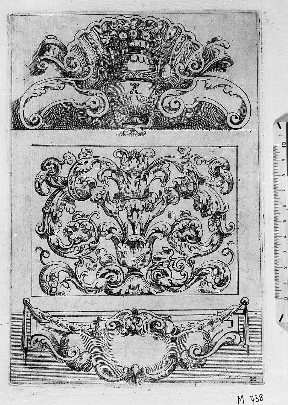 Tre fregi rettangolari (quello superiore con vaso di frutta), architettura (stampa) di Mitelli Agostino (sec. XVII)
