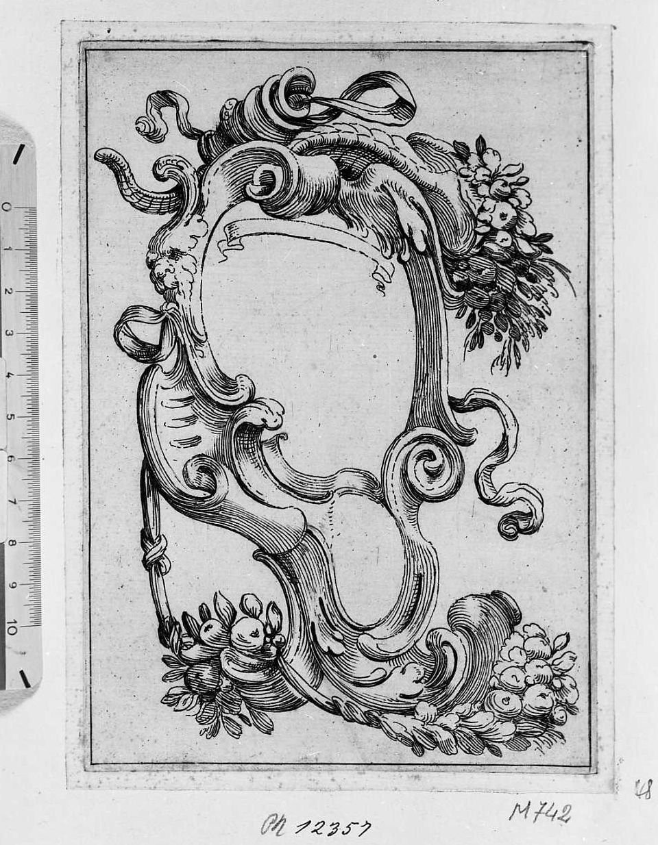 Ornato per cornice ovale con cornucopia e testa grottesca, cornice architettonica con motivi decorativi e figure (stampa tagliata) di Mitelli Agostino (sec. XVII)