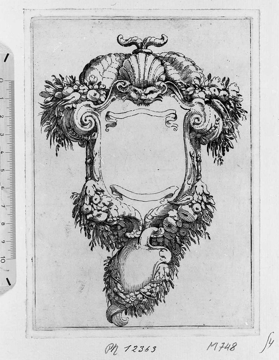 Ornato per cornice con grottesca e festoni di frutta, cornice architettonica con motivi decorativi e figure (stampa tagliata) di Mitelli Agostino (sec. XVII)