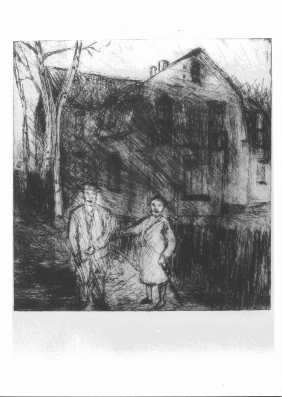 coppia davanti a casa (stampa) di Baagøe Per (sec. XX)
