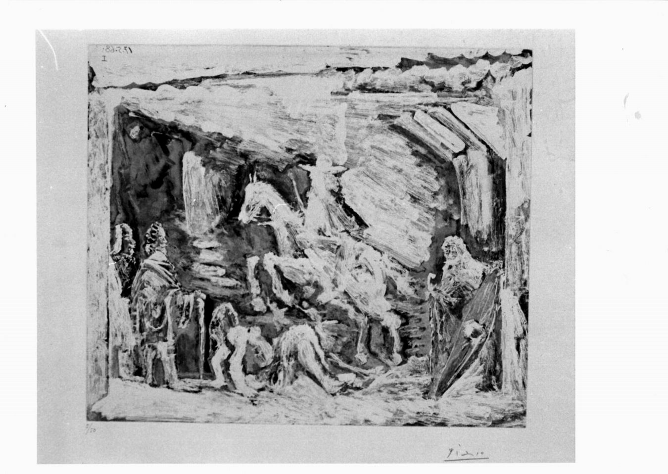 gravure 98, scena con cavaliere e personaggi in abiti seicenteschi (stampa) di Picasso Pablo (sec. XX)