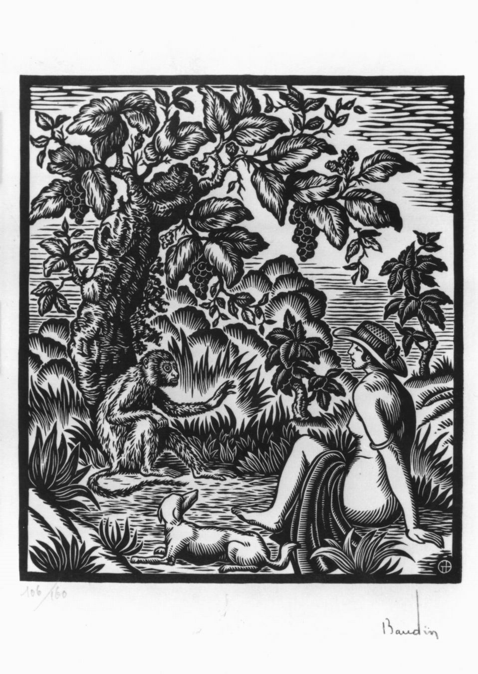 paysage, paesaggio con figura femminile, scimmia e cane (stampa) di Baudin Georges (sec. XX)