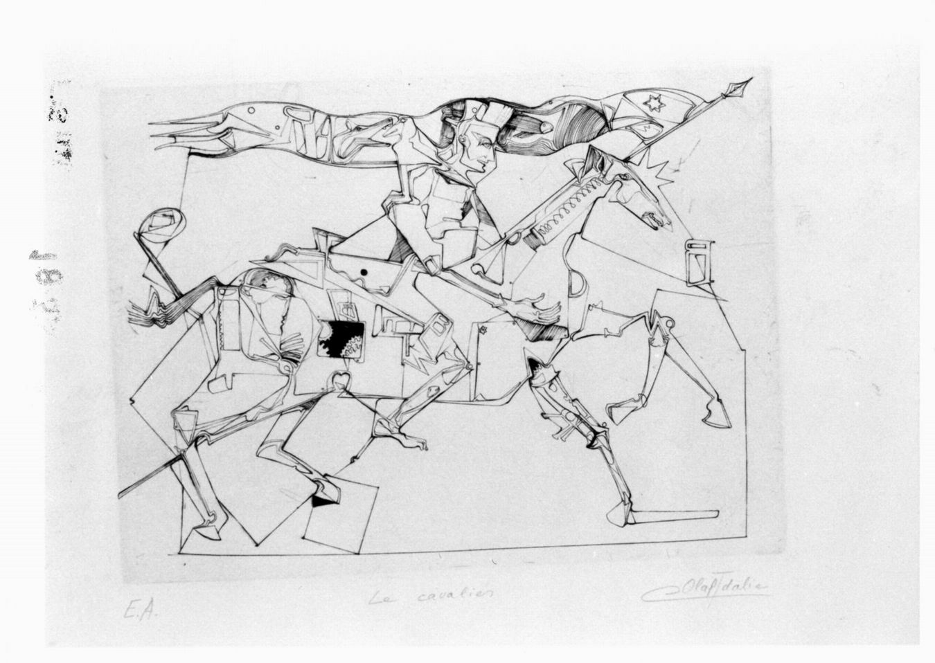 figura maschile a cavallo (stampa) di Idalie Olaf (sec. XX)