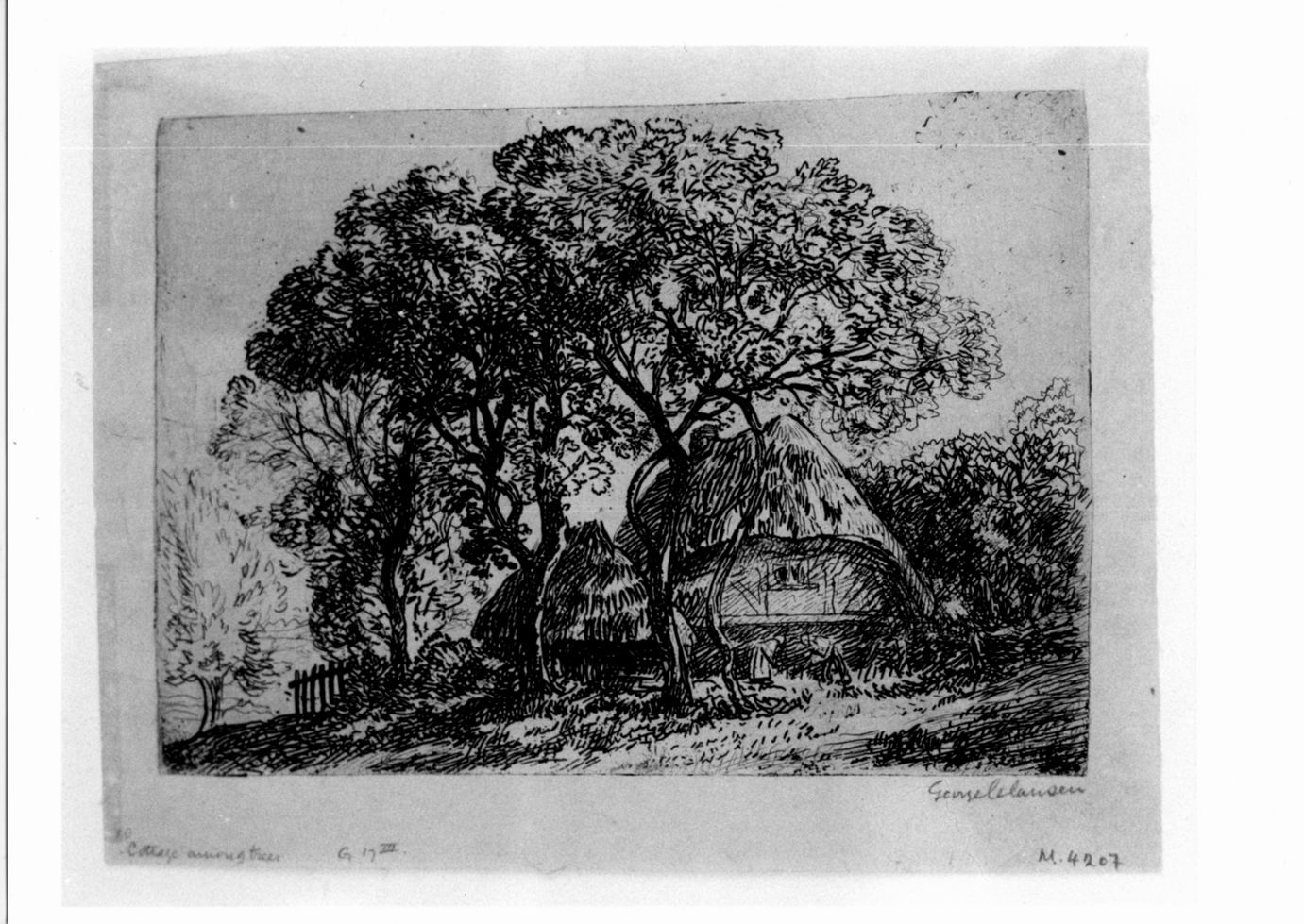 Paesaggio con casetta fra gli alberi (stampa) di Clausen George (sec. XX)