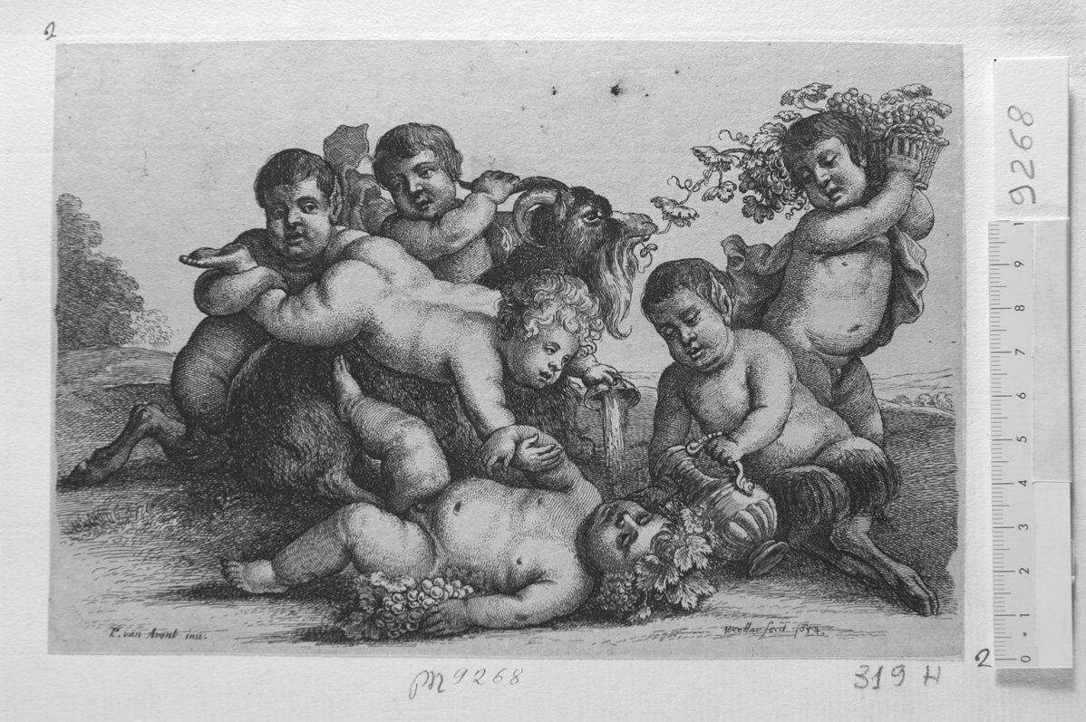 Baccanale di bimbi: sei putti che giucano con un caprone (stampa) di Hollar Wenzel (sec. XVII)