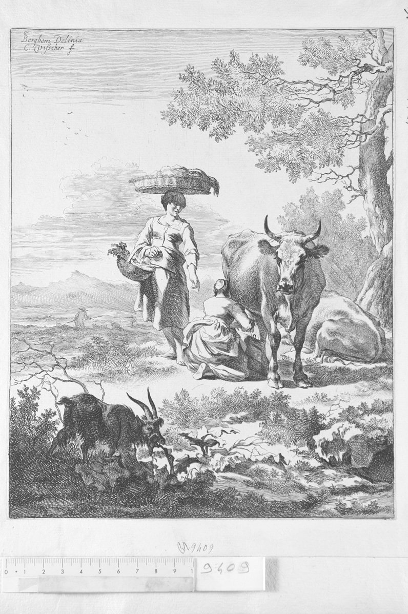 Diversa animalia quadrupedia: contadina con paniere in testa e cesto al braccio, altra che munge (stampa) di Visscher Cornelis II (sec. XVII)