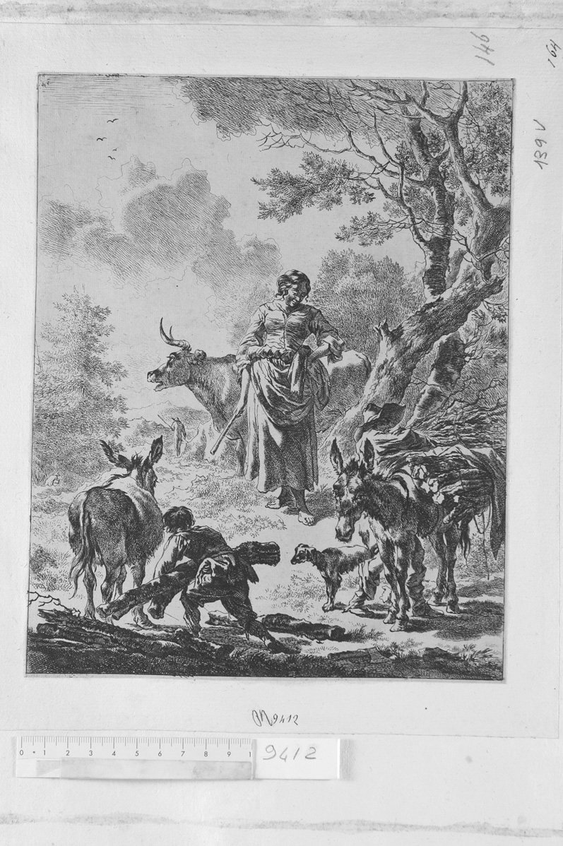 Diversa animalia quadrupedia: donna in piedi, ragazzo che alza un tronco d'albero, vacca, due asini e cane (stampa) di Visscher Cornelis II (attribuito) (sec. XVII)
