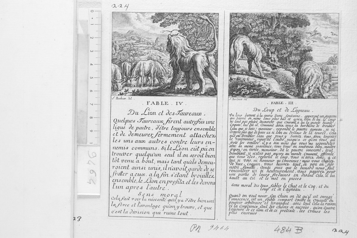 Aesop's fable: IV. Leoni e tori. III. Lupo e agnello (stampa) di Barlow Francis (sec. XVII)