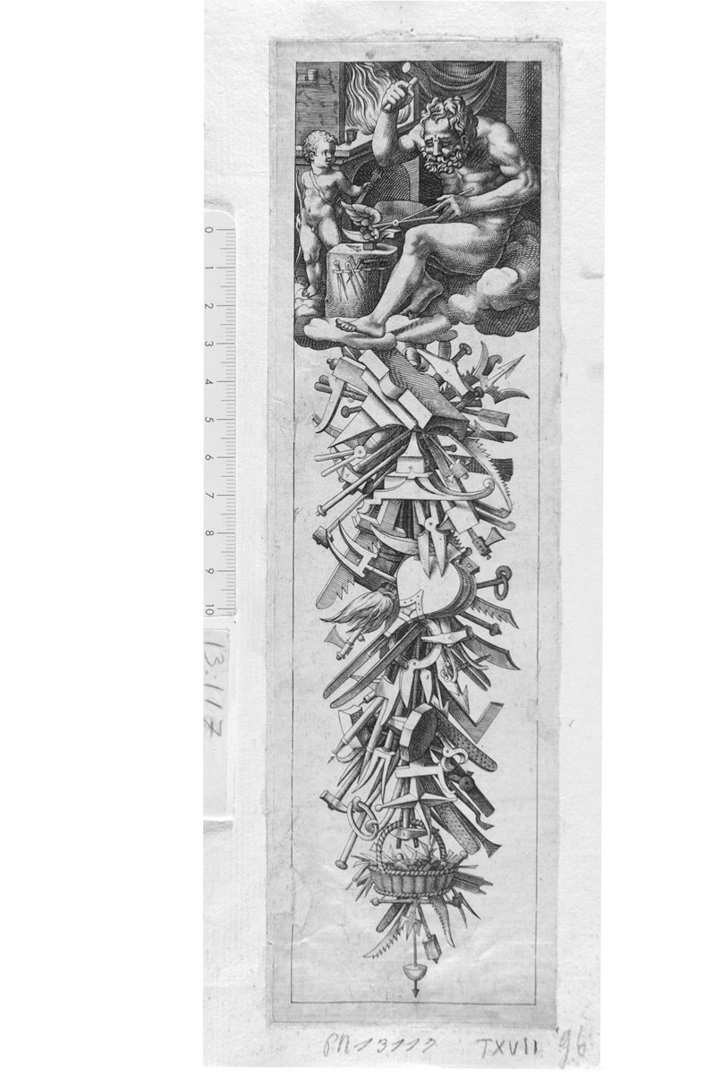 Fregio a candeliere formato con attrezzi da fabbro, in alto Vulcano (stampa) - ambito tedesco (sec. XVII)