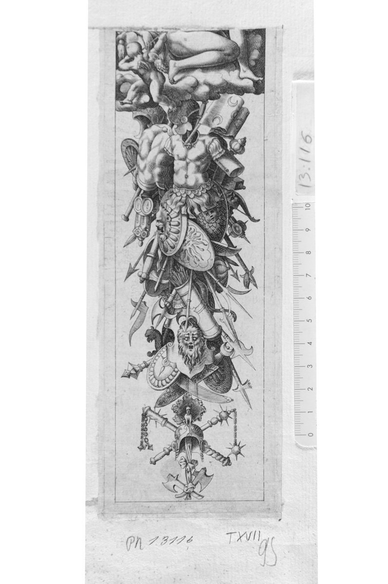 Fregio a candeliere formato con corazze, scudi, elmi e armi, in alto amorino e gambe di donna (stampa) - ambito tedesco (sec. XVII)