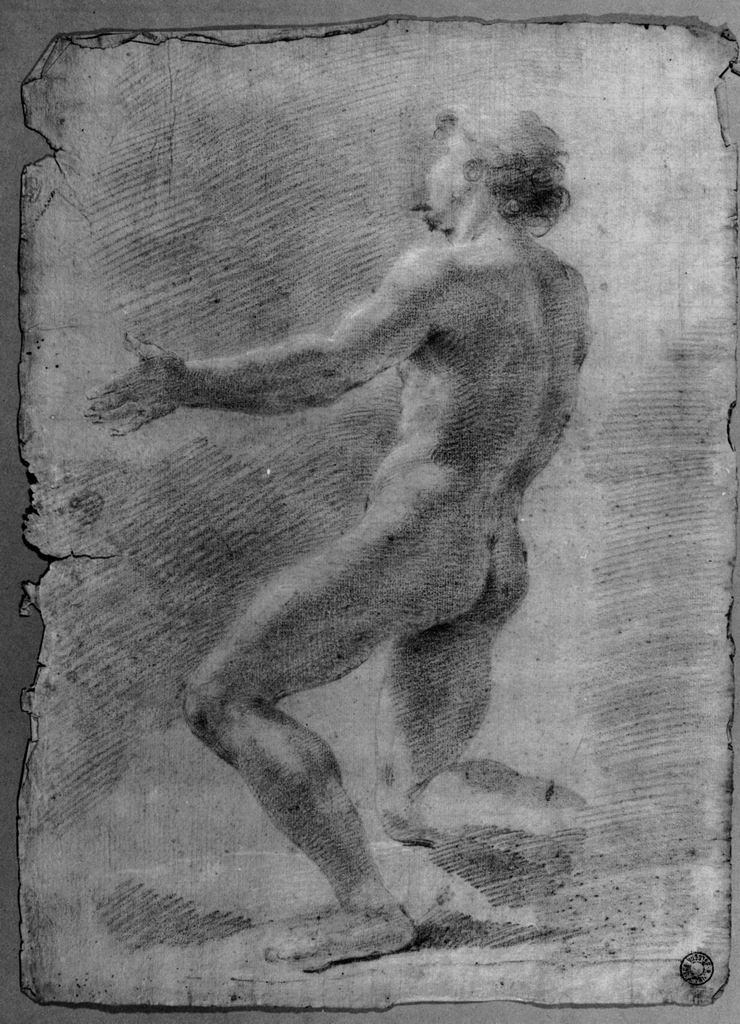 Nudo maschile, inginocchiato, di profilo (disegno) di Berti Felice (sec. XVIII)