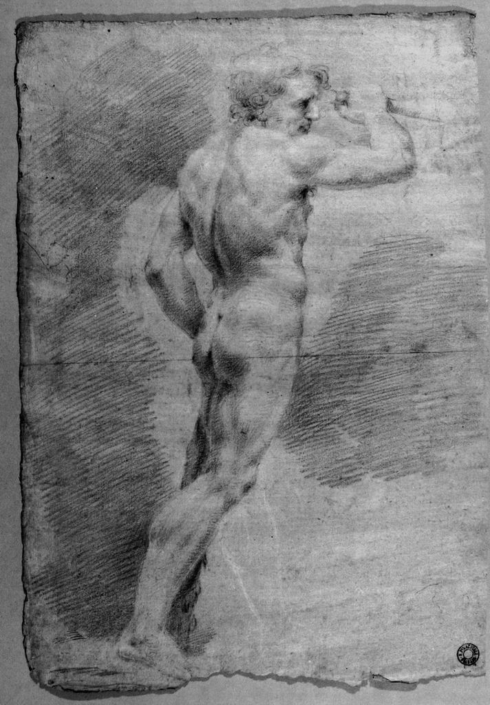 Nudo maschile in piedi, in atto di osservare da un cannocchiale (disegno) di Berti Felice (sec. XVIII)