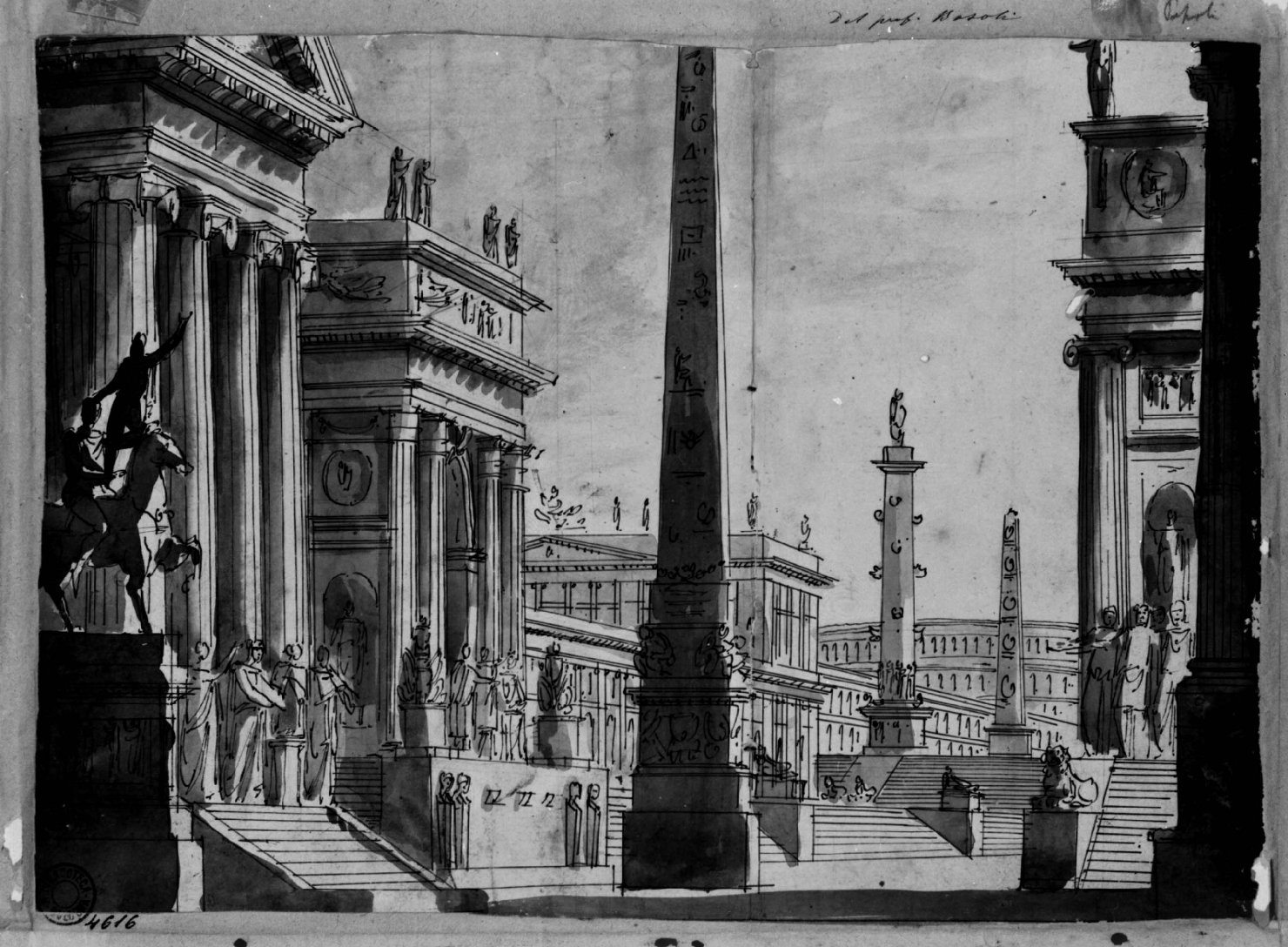 Veduta fantastica di edifici classici e sculture (disegno) di Basoli Antonio (inizio sec. XIX)