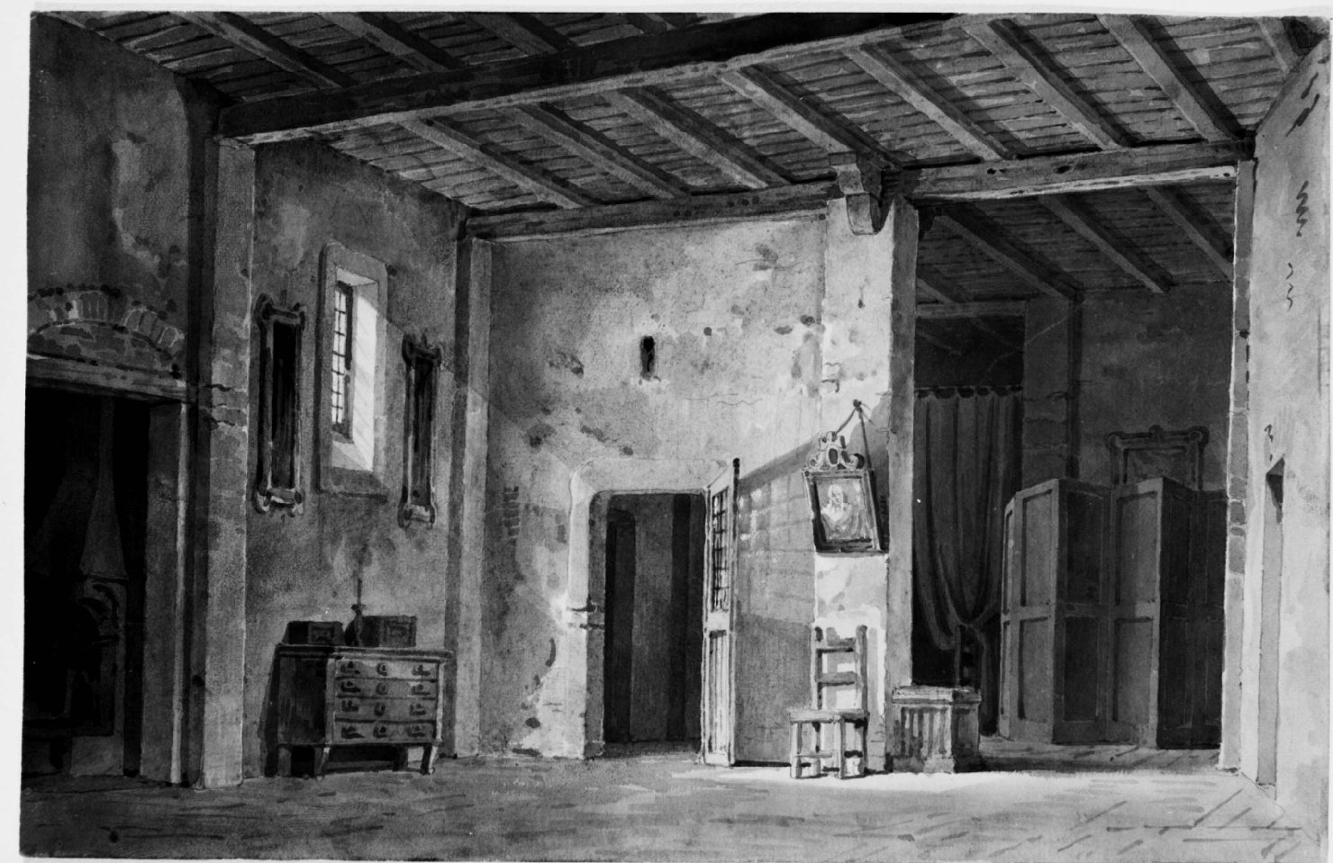Stanza del signor Pipolet, Interno con soffitto ligneo (disegno) di Basoli Antonio (prima metà sec. XIX)