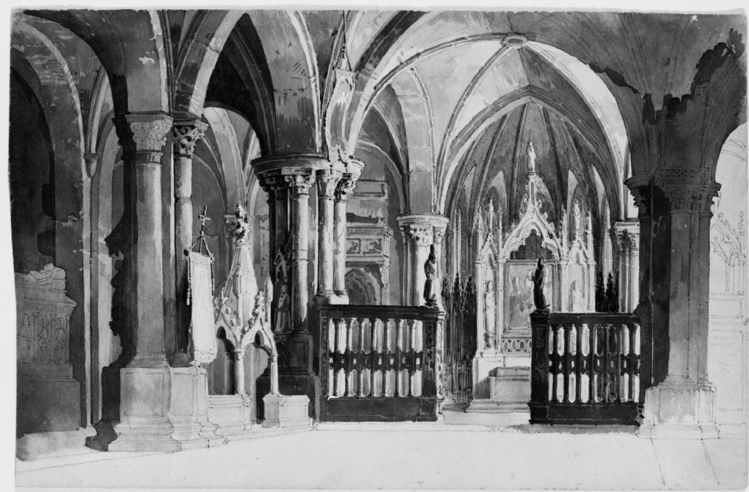 Chiesa dell'abbazia di Santa Ermenegilda, Interno di chiesa gotica (disegno) di Basoli Antonio (prima metà sec. XIX)