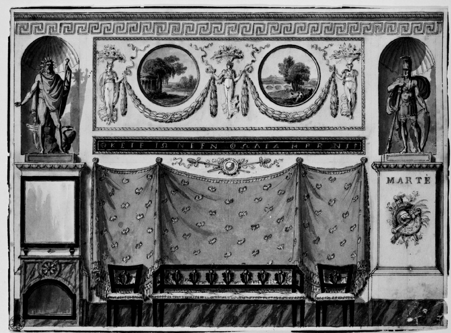 Motivi decorativi a finti tendaggi, con statue di Giove e Marte, e paesagg i (disegno) di Basoli Antonio (sec. XIX)