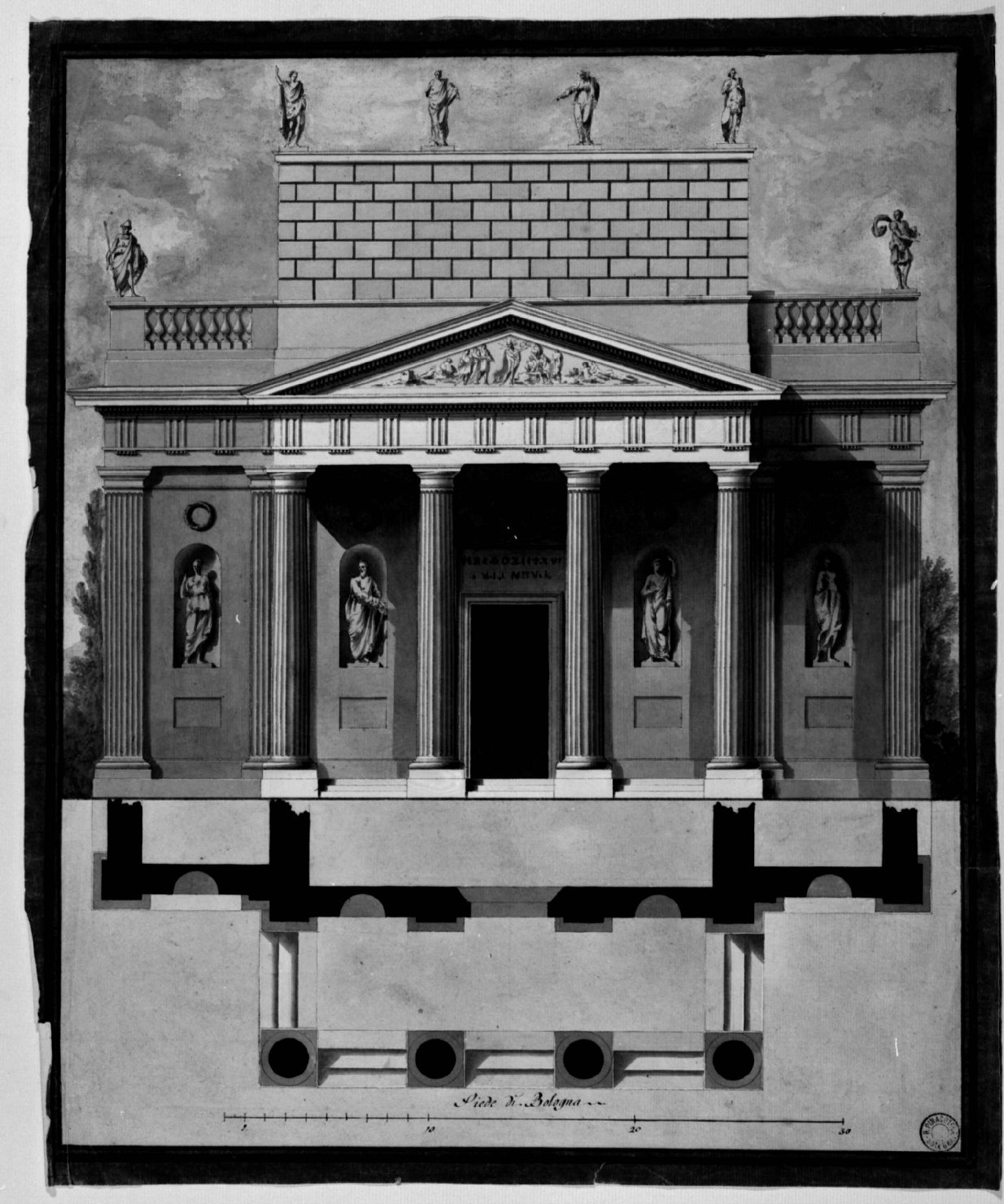 Facciata di chiesa neoclassica, con pianta e paesaggio (disegno) di Basoli Antonio (scuola) (metà sec. XIX)