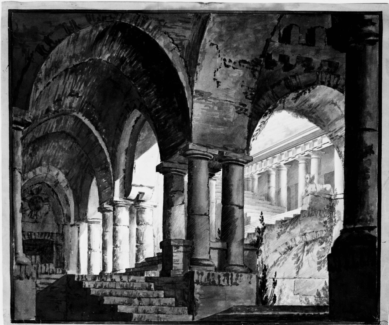 Veduta prospettica di edifici con scale e colonne (disegno) di Basoli Antonio (scuola) (secondo quarto sec. XIX)