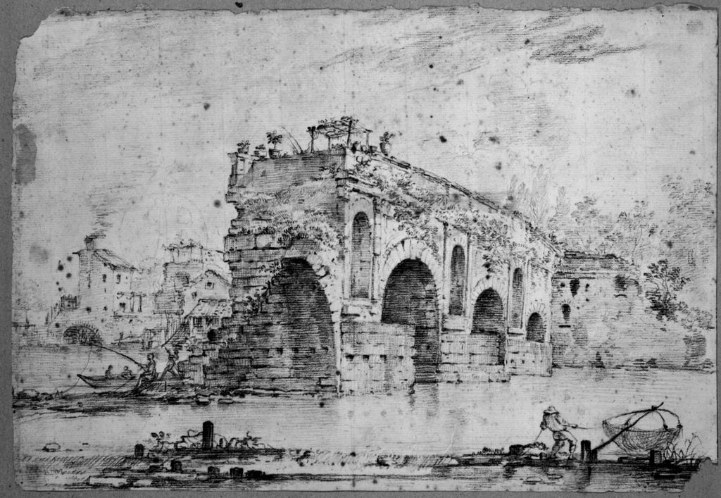 Paesaggio con pescatori ed edificio in rovina (disegno) di Basoli Antonio (scuola) (metà sec. XIX)