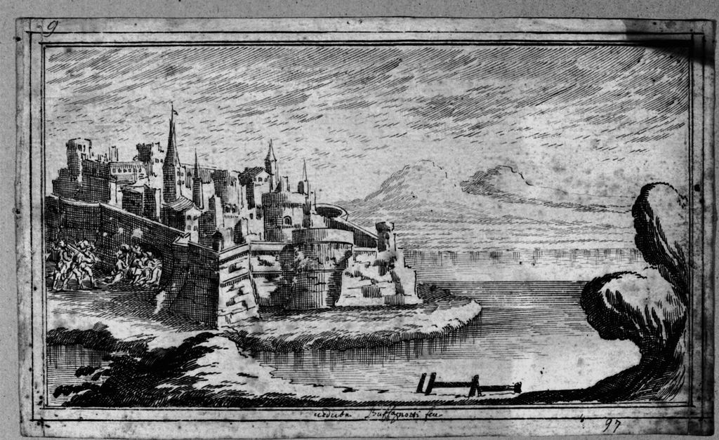 Paesaggio marino con fortezza (disegno) di Buffagnotti Carlo Antonio (secc. XVII/ XVIII)