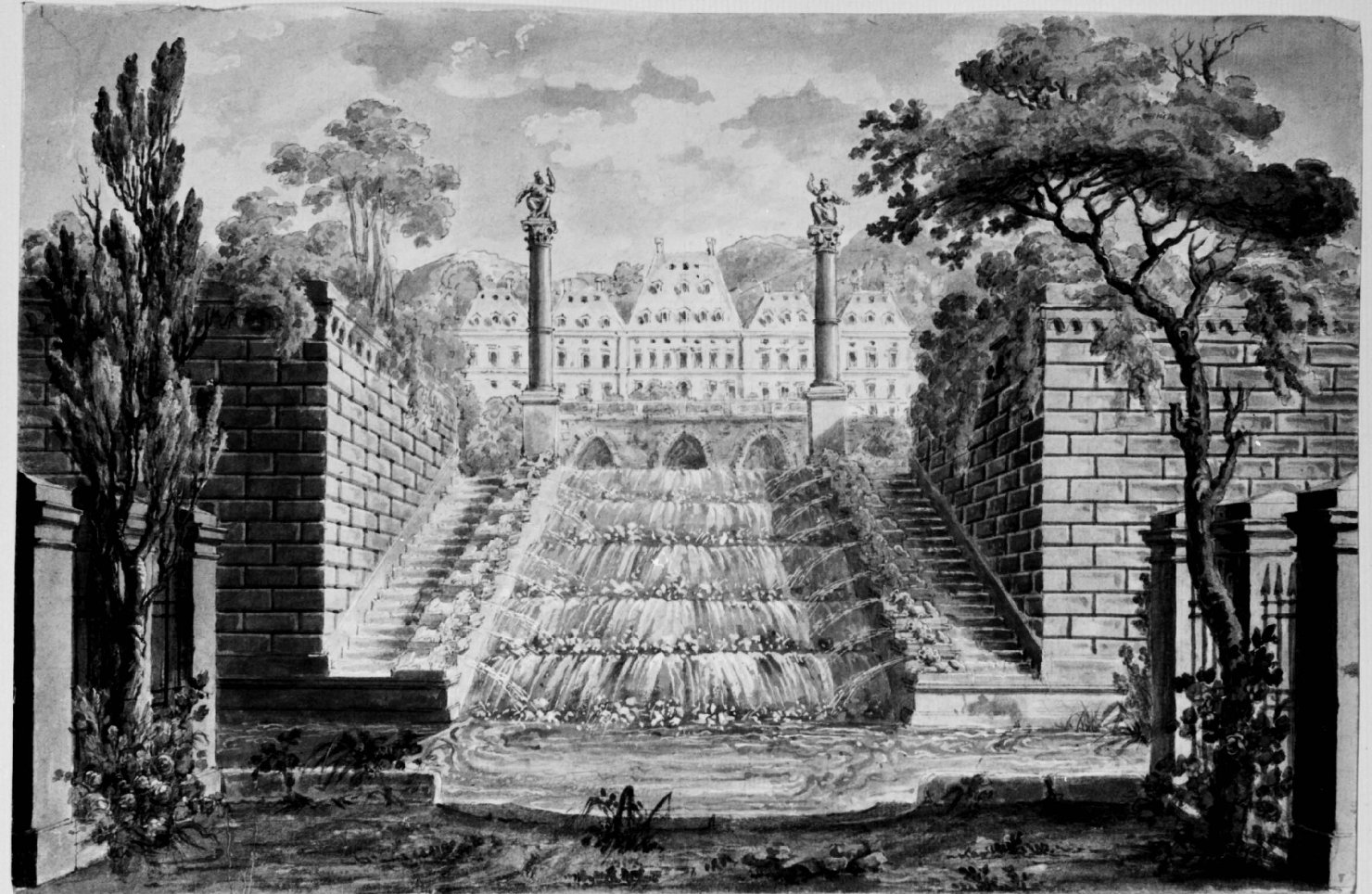 Veduta con architetture e cascata in un giardino (disegno) di Basoli Antonio (scuola) (sec. XIX)