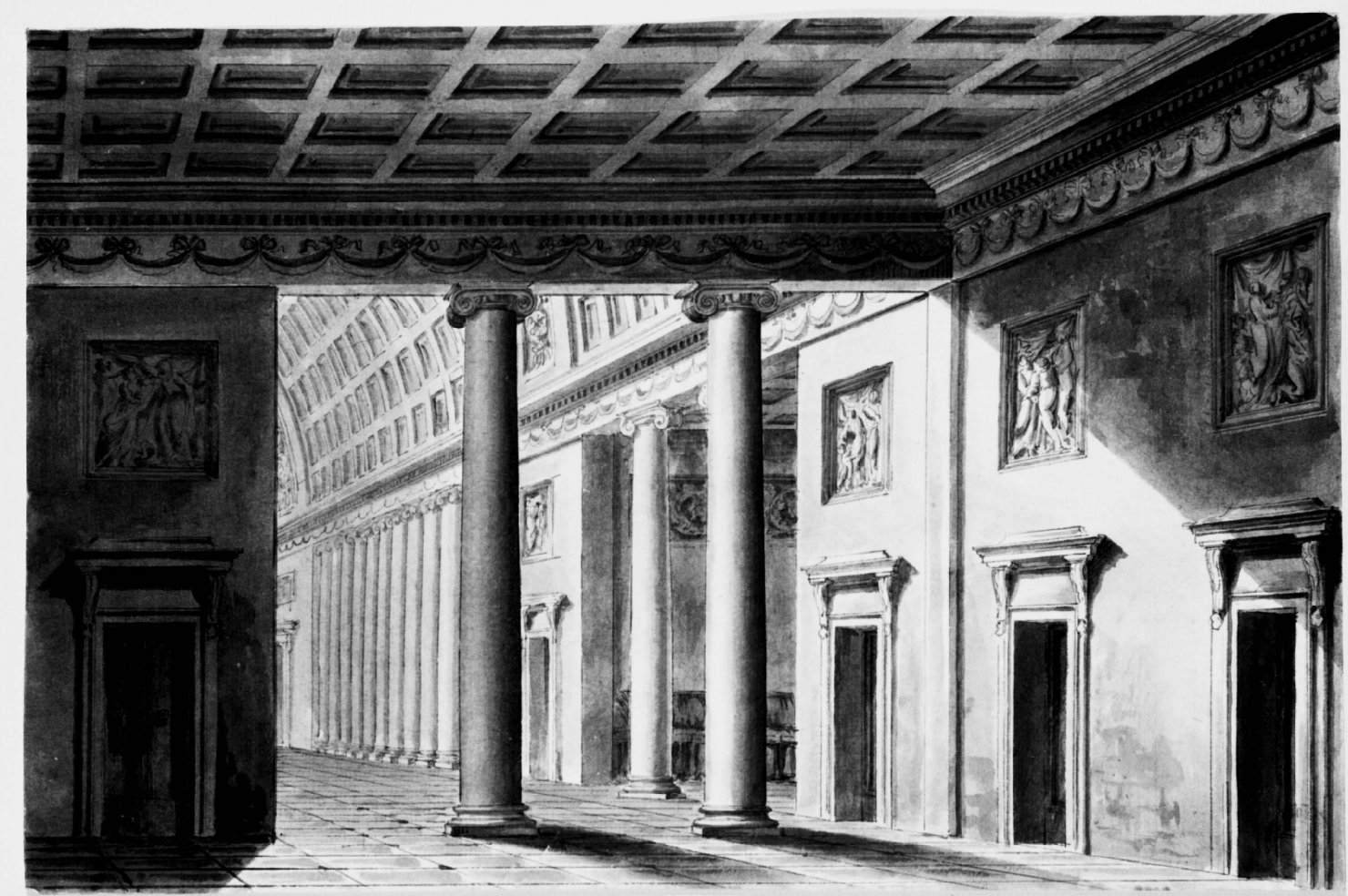 Interno di galleria con colonne e soffitti a cassettoni (disegno) - ambito bolognese (prima metà sec. XIX)