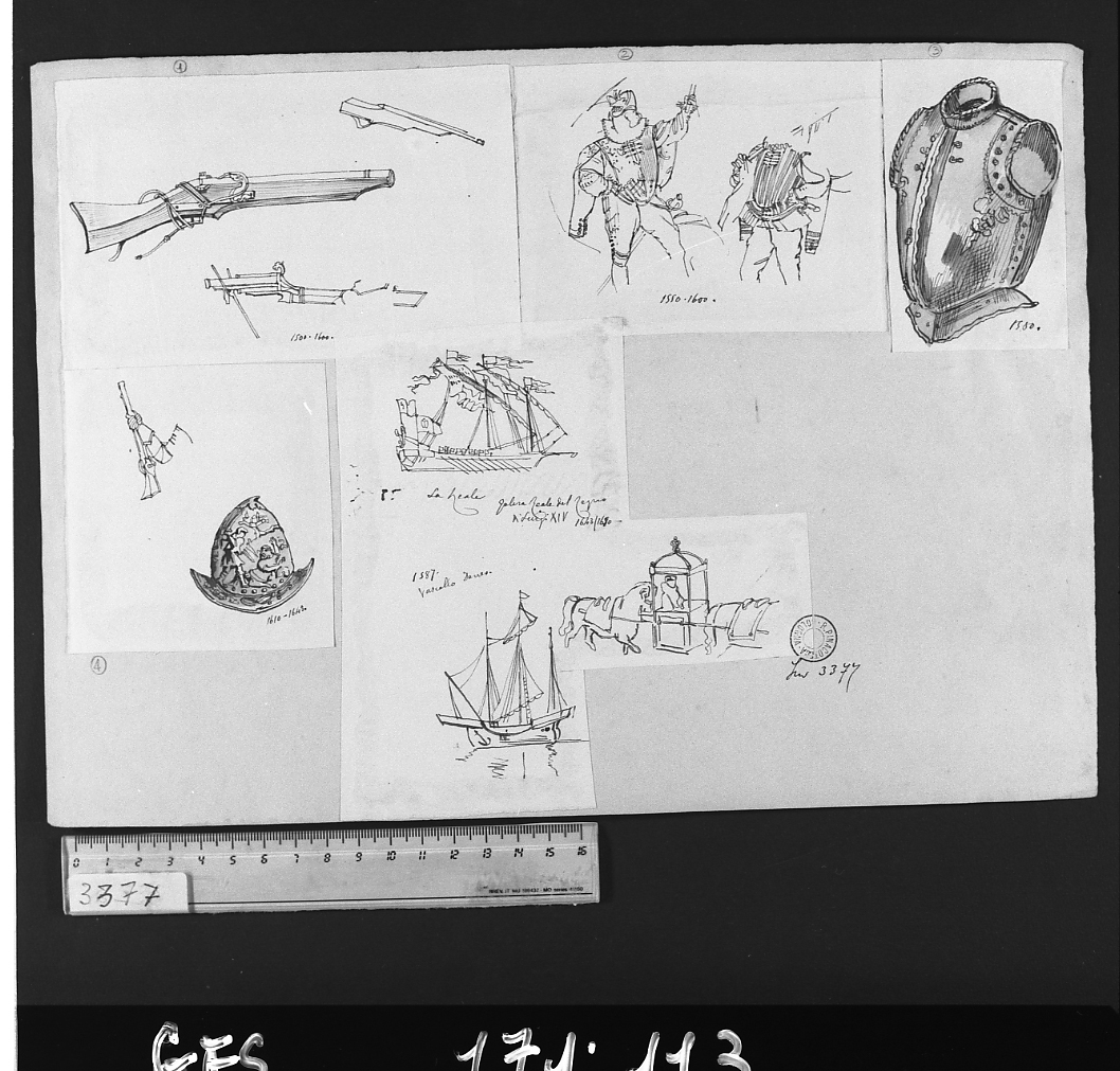 studio di figure, armature e navi (disegno, insieme) di Serra Lugi (sec. XIX)