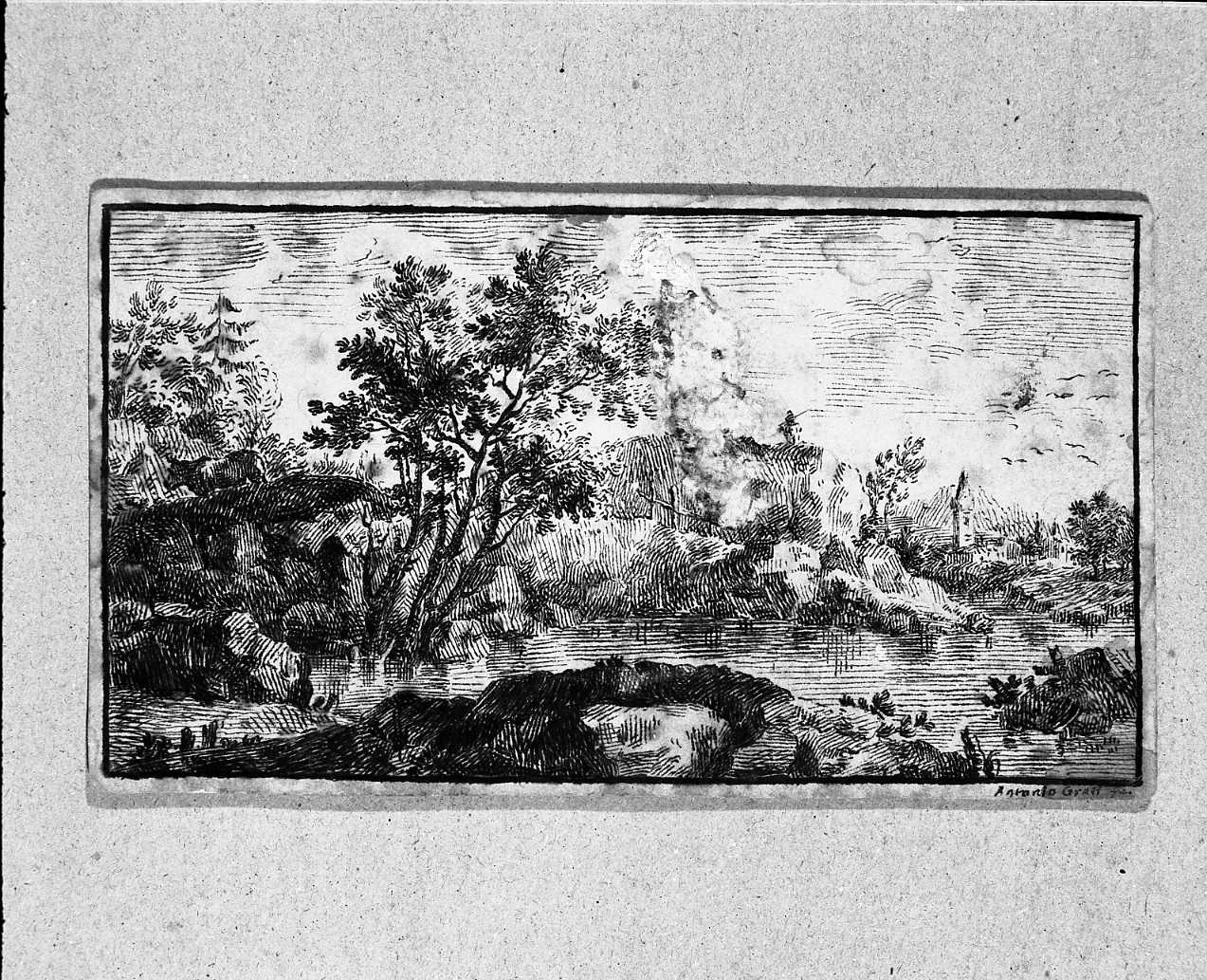 paesaggio con fiume e alberi (disegno, opera isolata) di Grati Antonio (sec. XIX)