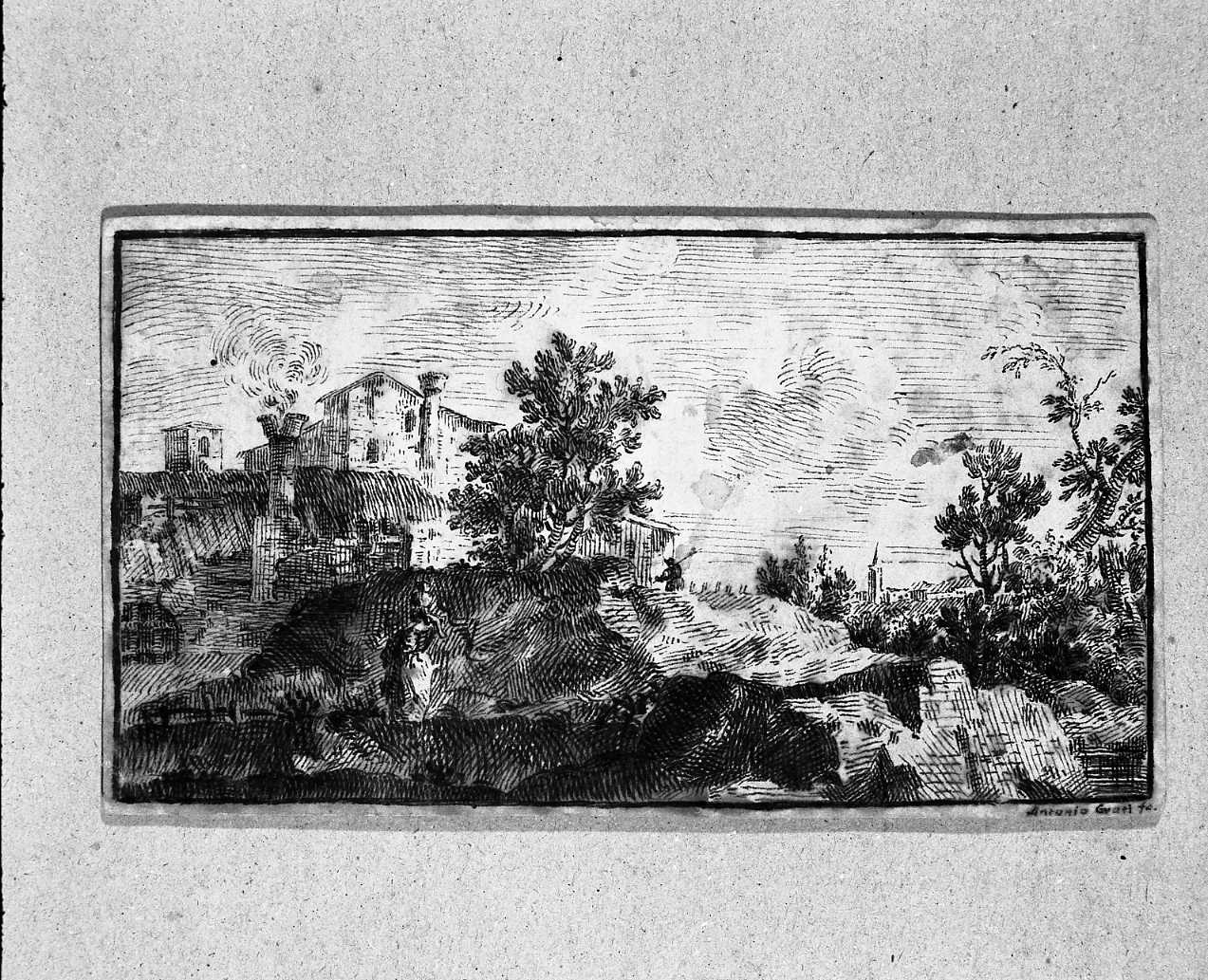 paesaggio con case, alberi e figure (disegno, opera isolata) di Grati Antonio (sec. XIX)