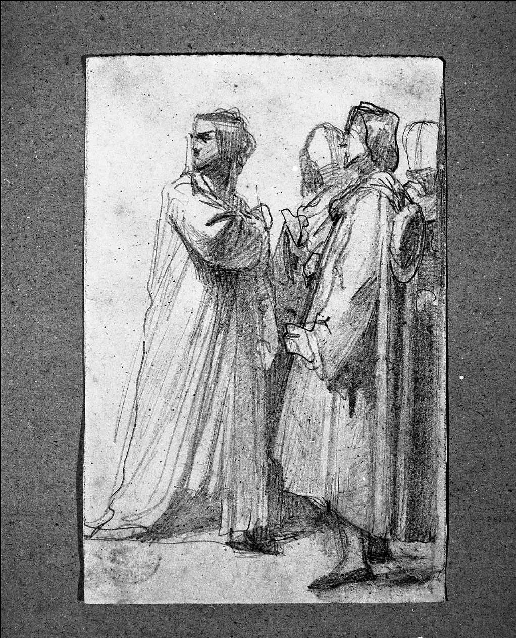 tre personaggi in piedi in costume medievale (disegno, opera isolata) di Guardassoni Alessandro (attribuito) (sec. XIX)