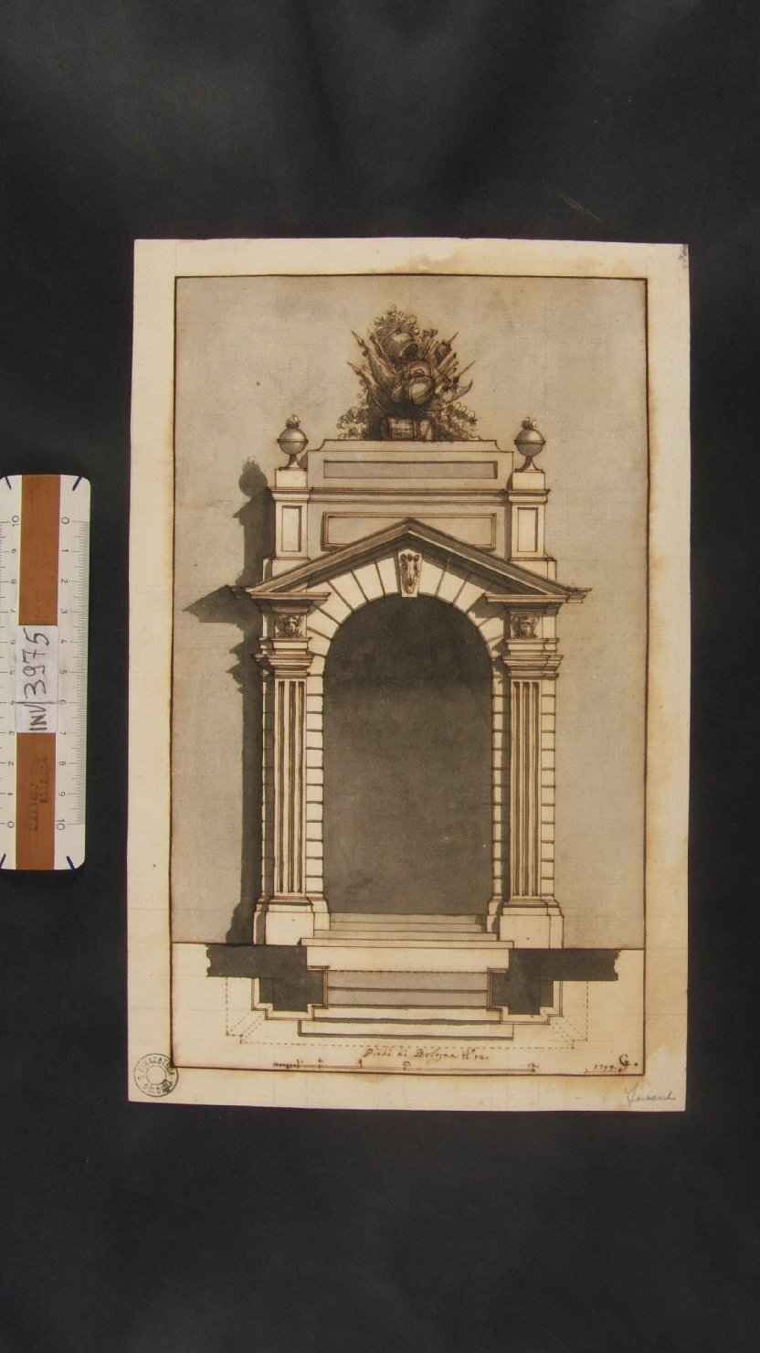 porta ornata con pilastri; pianta e alzata (disegno, opera isolata) di Jarmorini Giuseppe (sec. XVIII)