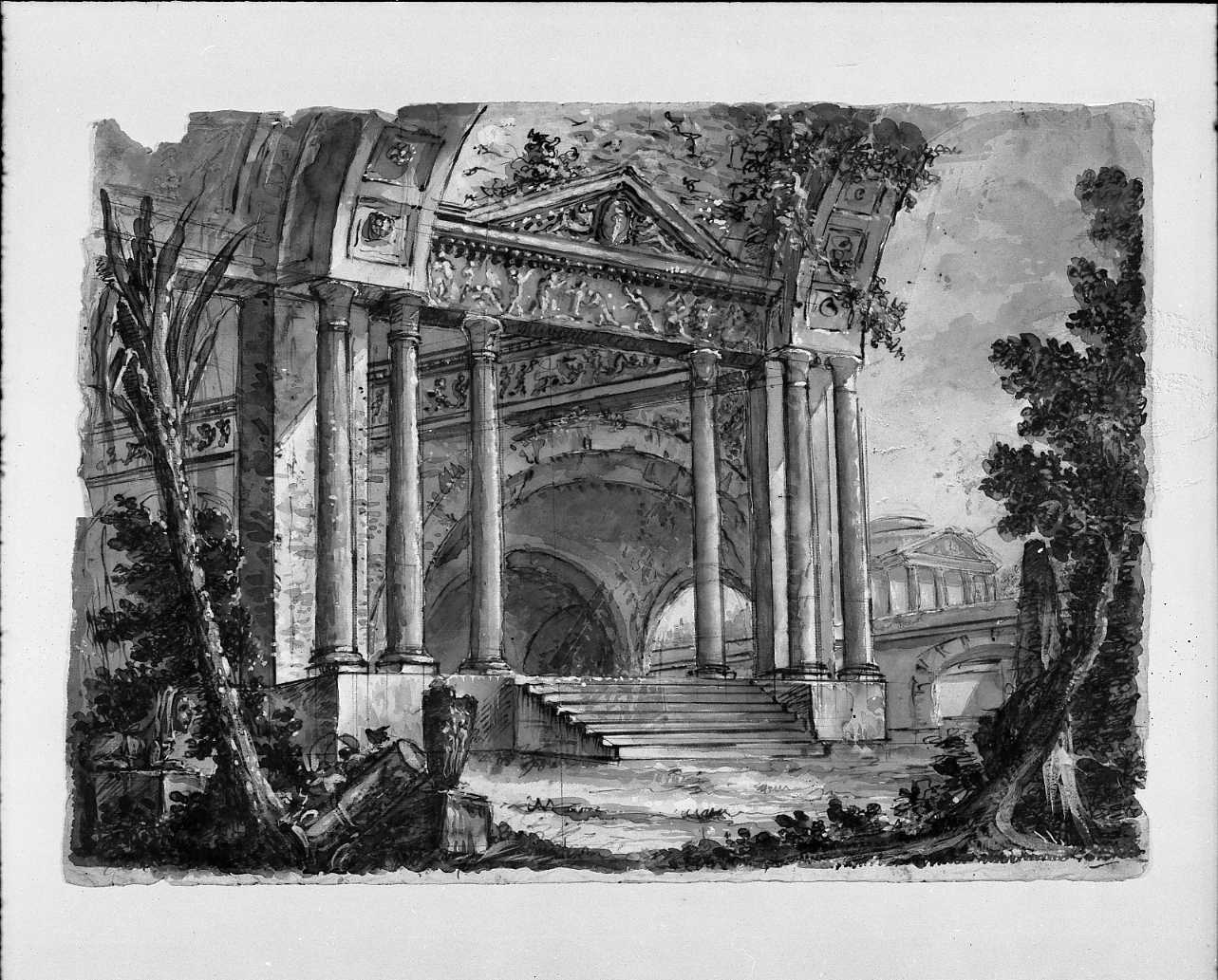 rovine di tempio con alberi (disegno, opera isolata) di Paolazzi Giovanni Benedetto (attribuito) (sec. XVIII)