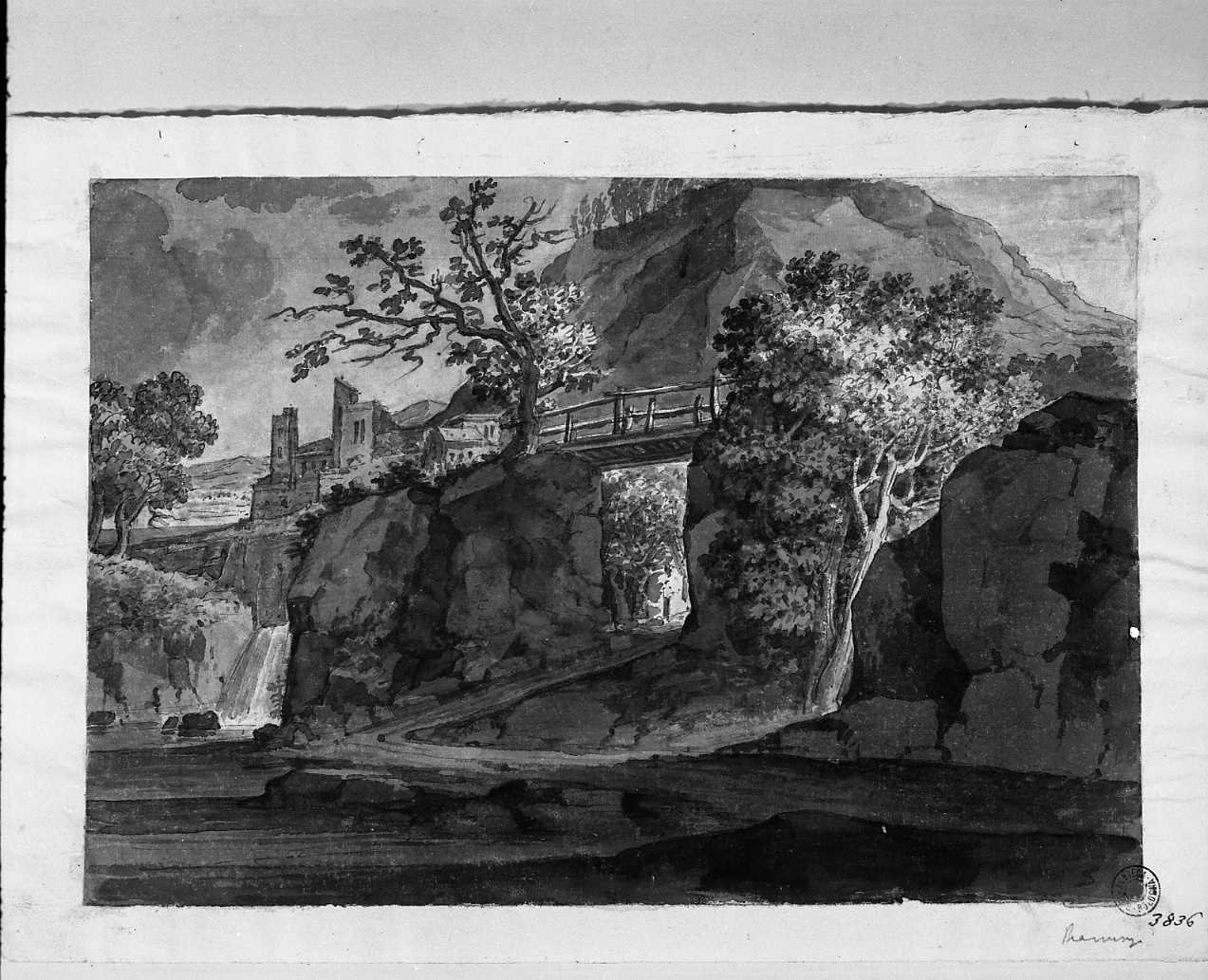 paesaggio con ponte in mezzo (disegno, opera isolata) di Martinelli Vincenzo (scuola) (secc. XVIII/ XIX)