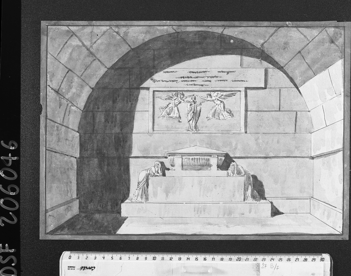 monumento sepolcrale (recto); prospettiva architettonica (verso) (disegno) - ambito bolognese (fine/inizio secc. XVIII/ XIX)