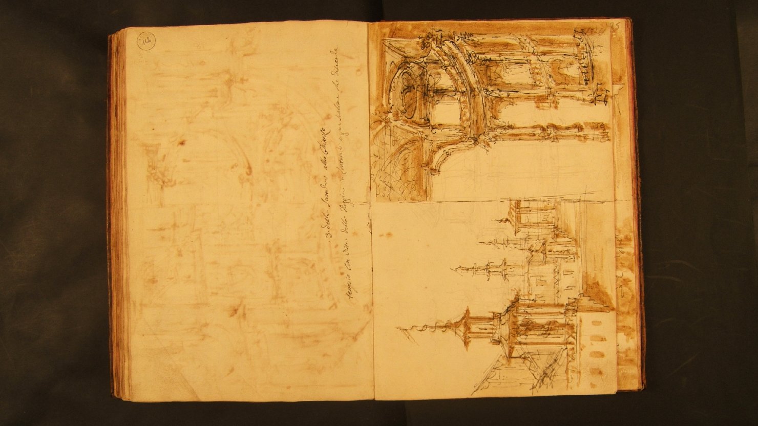 atrio; tempio con loggia/ pianta di scena e parte del disegno successivo (disegno, elemento d'insieme) di Galliari Fabrizio (attribuito) (sec. XVIII)